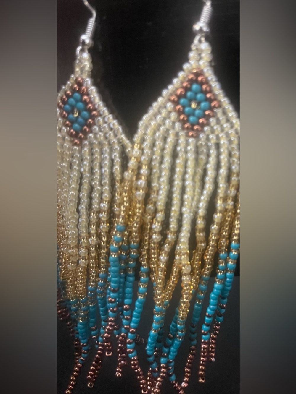 Beaded Fringe Statement Earrings - Turquoise & Gold - Picture 3 of 3
